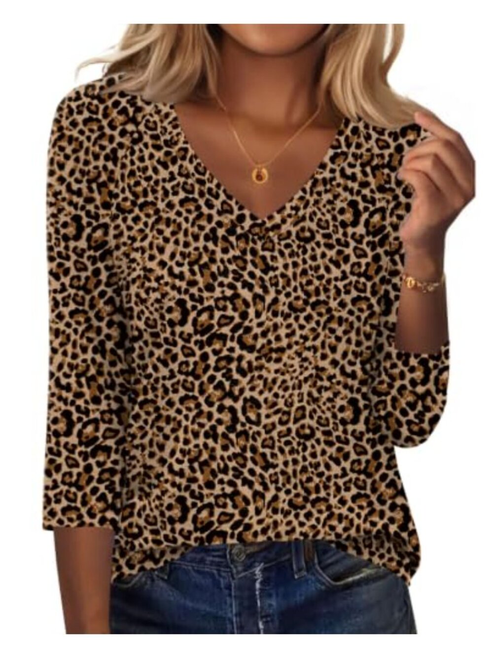 Women's 3/4 Sleeve V-Neck Tunic Top Loose Fit Polyester Spandex